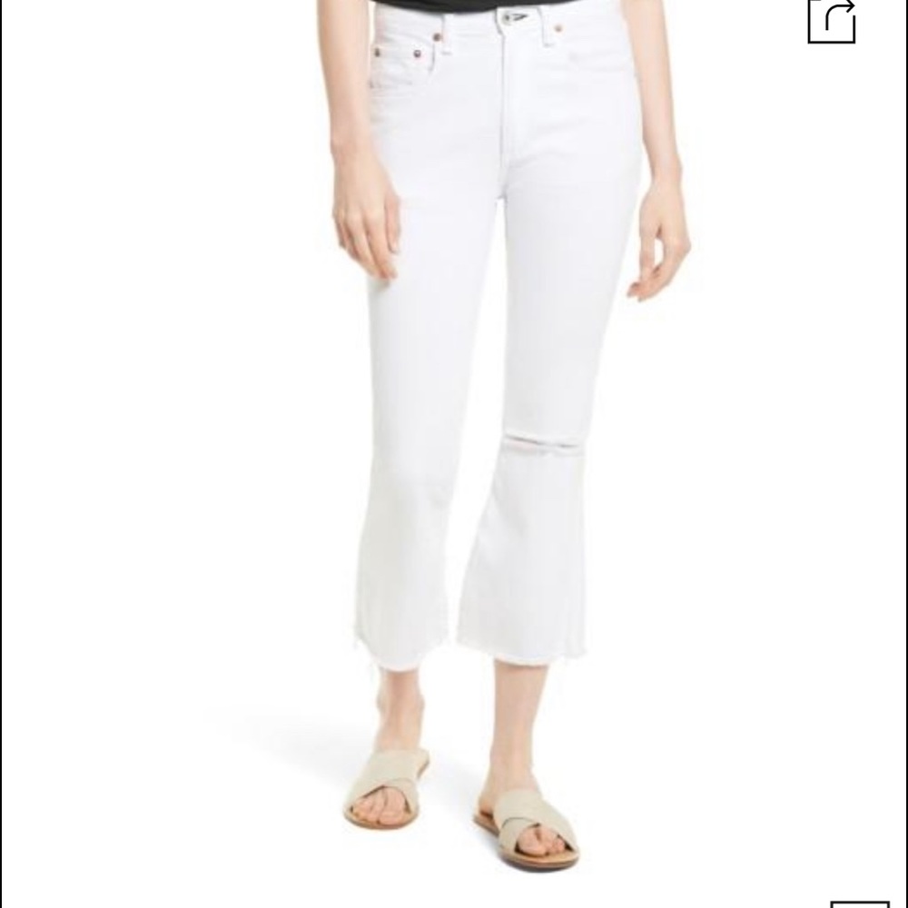 White Marilyn high waist crop flare jeans w/ holes